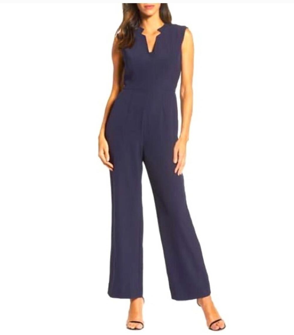 Tahari Navy Blue Sleeveless Crepe Jumpsuit Business Career Size 2 Pockets